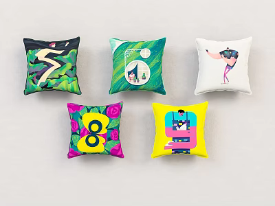 Vibrant Decorative Pillows With Diverse Artistic Prints And Colorful Patterns On Light Backdrop 3d model