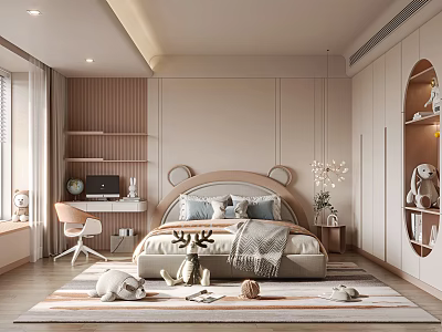 Cozy Modern Kids Room Interior Design With Bear Ear Headboard Desk Chair And Stuffed Toys 3d model