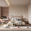 Cozy Modern Kids Room Interior Design With Bear Ear Headboard Desk Chair And Stuffed Toys
