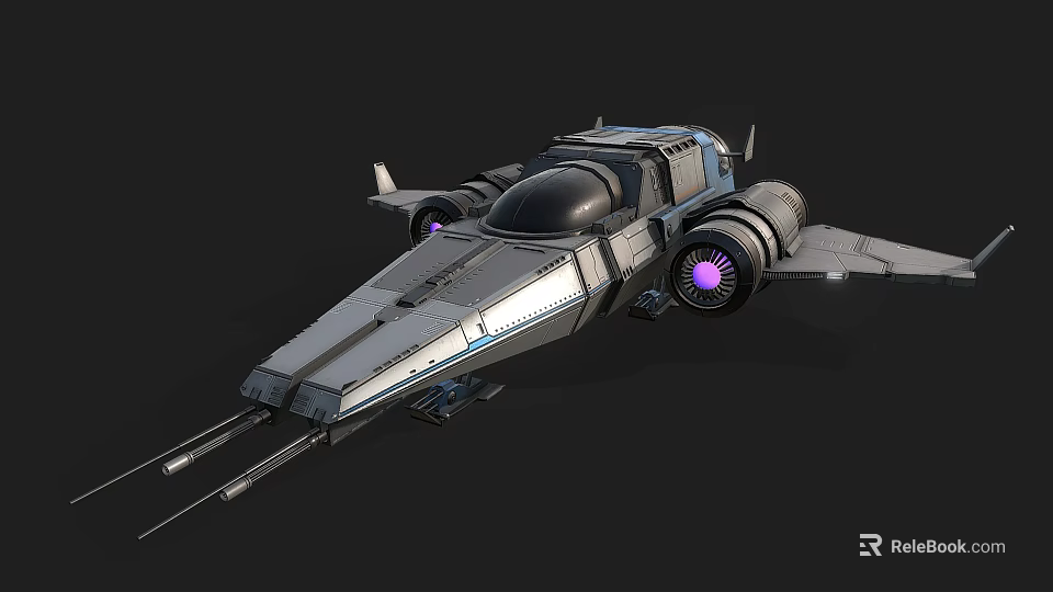 Futuristic Spaceship Design With Sleek Silver Gray Body Purple Glowing Engines And Front Weapons 3d model 