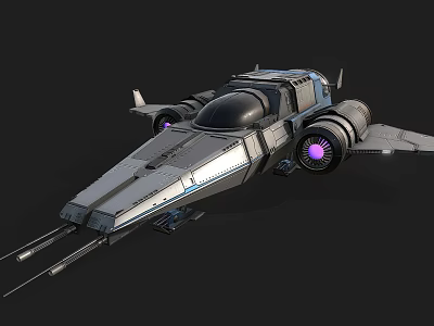 Futuristic Spaceship Design With Sleek Silver Gray Body Purple Glowing Engines And Front Weapons 3d model