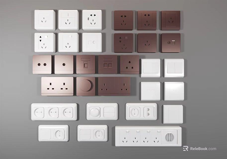 Various Colored Electrical Switch Panels With White Brown Designs And Socket Styles 3d model 