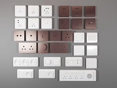 Various Colored Electrical Switch Panels With White Brown Designs And Socket Styles 3d model