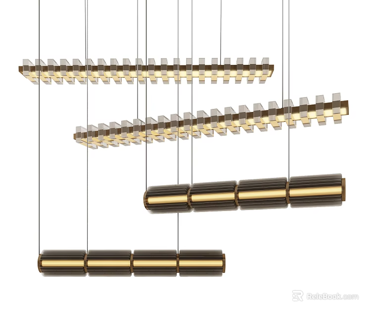 Modern Linear Chandelier Design With Black And Gold Metal Elements 3d model 