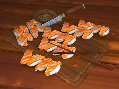 Fresh Salmon Sushi Rolls Arranged On Wooden Serving Board With Chopsticks 3d model