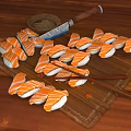 Fresh Salmon Sushi Rolls Arranged On Wooden Serving Board With Chopsticks