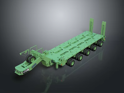 Green Heavy Duty Lowboy Trailer With Multiple Wheels And Flatbed Structure 3d model