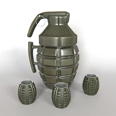 Unique Grenade Shaped Green Metallic Decorative Ornament Set With Small Metal Cups 3d model