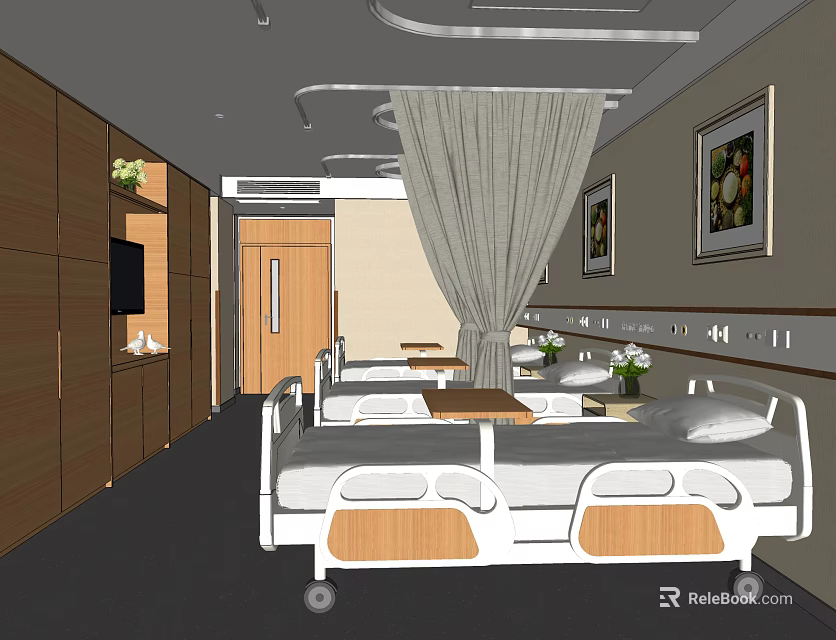Modern Hospital Room Interior With Wooden Cabinets Curtains Paintings And Hospital Bed 3d model 