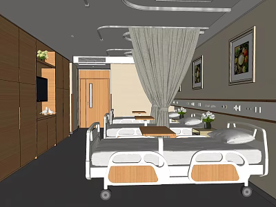 Modern Hospital Room Interior With Wooden Cabinets Curtains Paintings And Hospital Bed 3d model