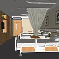 Modern Hospital Room Interior With Wooden Cabinets Curtains Paintings And Hospital Bed