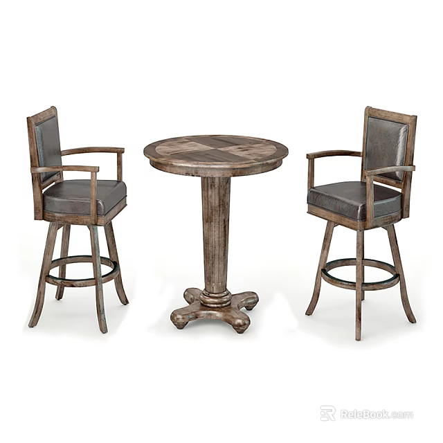 Rustic Wooden Round Table Set With Leather Arm Bar Stools For Home 3d model