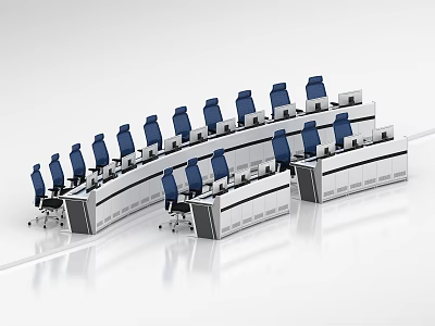 Modern Control Room Interior With Curved Console Desks And Blue Chairs 3d model