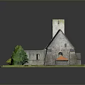Ancient Stone Building Model With Church Tower Blue And Small Orange Roofs Green Grass Trees