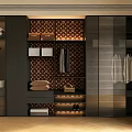Modern Wardrobe Design With Multiple Storage Compartments Clothing Shoes And Decorative Patterned Backdrop