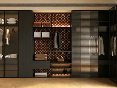 Modern Wardrobe Design With Multiple Storage Compartments Clothing Shoes And Decorative Patterned Backdrop 3d model