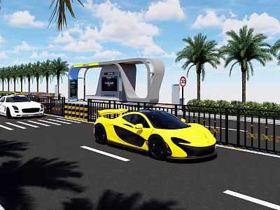 Road Facilities With Charging Station Guardrails No Parking Sign And Palm Trees Along Urban Road 3d model