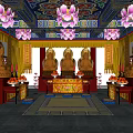 Buddhist Religious Worship Space With Golden Buddha Statues Colorful Ceiling And Lotus Lanterns