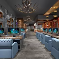 Modern Internet Cafe With Comfortable Blue Chairs Multiple Gaming Computers And Stylish Lighting 3d model
