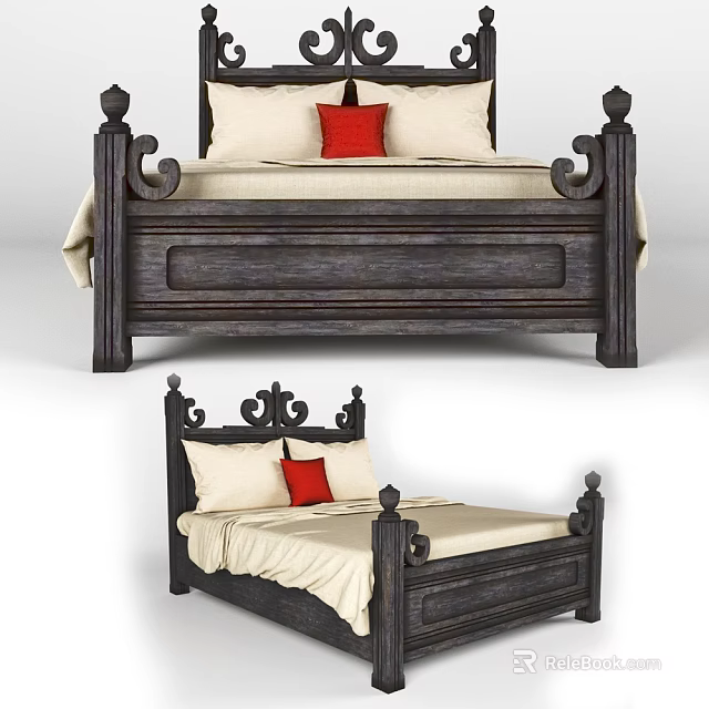 Wooden Double Bed Design With Ornate Headboard Footboard White Sheets Red Pillow 3d model 