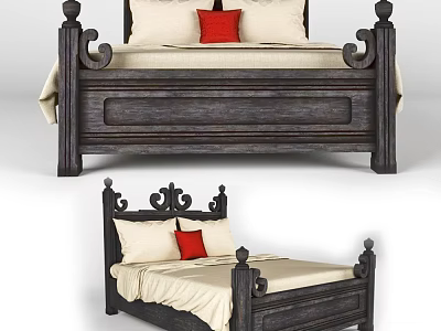 Wooden Double Bed Design With Ornate Headboard Footboard White Sheets Red Pillow 3d model