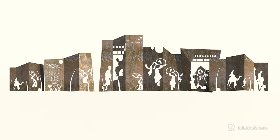 Decorative Brown Metal Panels With White Silhouette Figures And Scenes 3d model 