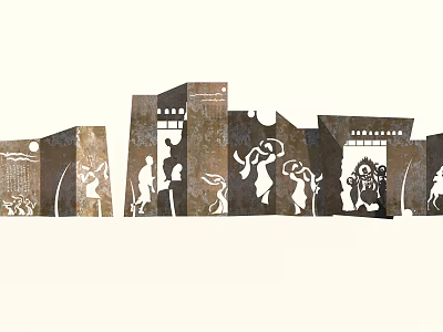 Decorative Brown Metal Panels With White Silhouette Figures And Scenes 3d model