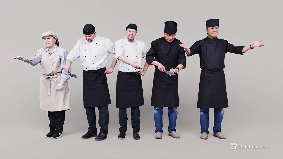 Group of Chefs Standing in Line Wearing Uniforms Aprons Hats Holding Kitchen Tools 3d model 