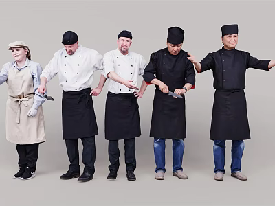 Group of Chefs Standing in Line Wearing Uniforms Aprons Hats Holding Kitchen Tools 3d model