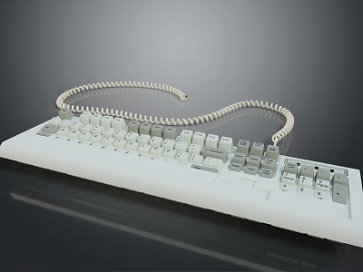 White Computer Keyboard With Coiled Cord And Gray Keys On Reflective Surface 3d model