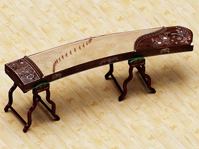 Traditional Chinese Zither Wooden Body With Carved Patterns Decorative Stand And Intricate Inscriptions 3d model