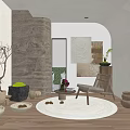 Natural Lounge Room Interior With Wooden Floor Round Rug And Plants