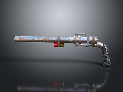 Homemade Rusty Metal Weapon with Pipe Design Red Yellow Parts and Curved Hose 3d model