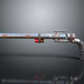 Homemade Rusty Metal Weapon with Pipe Design Red Yellow Parts and Curved Hose