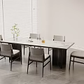 Modern Dining Table Set with Rectangular Table Chairs Vase Glasses White Blinds and Gray Floor 3d model