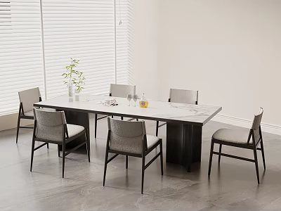 Modern Dining Table Set with Rectangular Table Chairs Vase Glasses White Blinds and Gray Floor 3d model