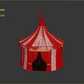 Colorful Circus Tent With Red White Stripes Golden Top And Red Curtains