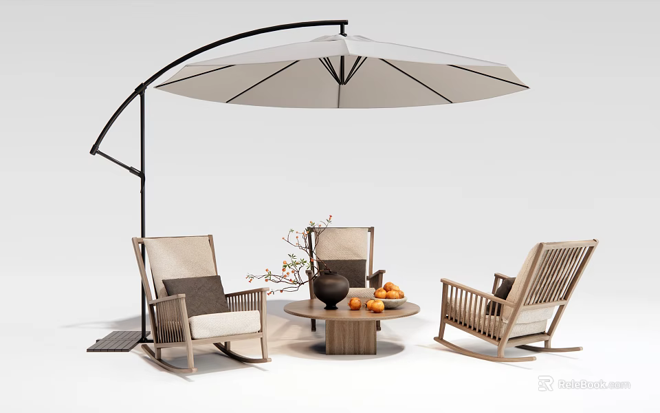 Stylish Wooden Outdoor Chairs with Arc Umbrella Round Table and Fruit Decorations 3d model 