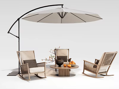 Stylish Wooden Outdoor Chairs with Arc Umbrella Round Table and Fruit Decorations 3d model
