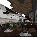 Traditional Restaurant Exterior With Brick Wall Green Awning Red Decorations And Entrance Design