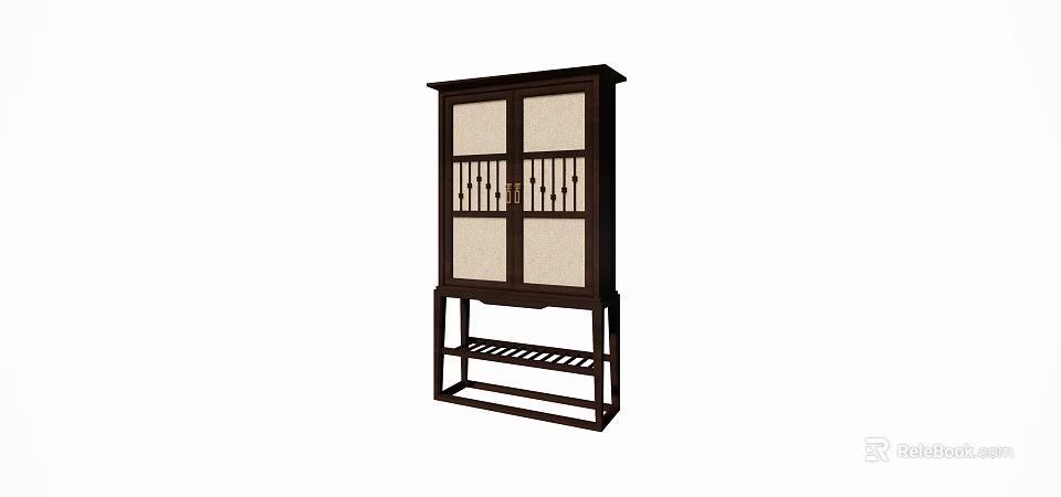 Dark Wood Decorative Cabinet With Lattice Doors Light Panels And Lower Shelf 3d model 