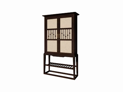 Dark Wood Decorative Cabinet With Lattice Doors Light Panels And Lower Shelf 3d model