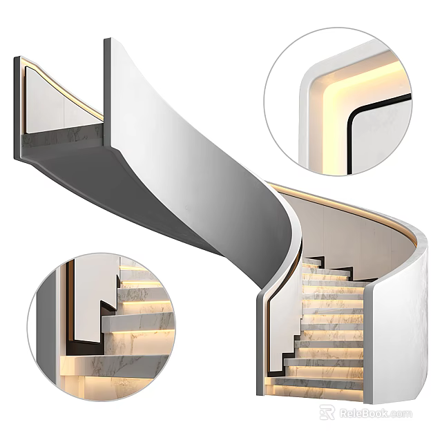 Modern Curved Staircase Design With Marble Steps And LED Strip Lighting 3d model 
