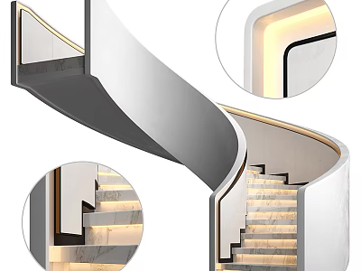 Modern Curved Staircase Design With Marble Steps And LED Strip Lighting 3d model