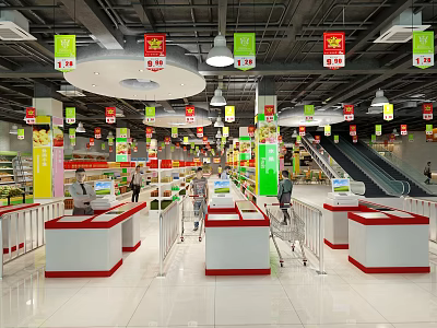 Supermarket Interior With Red White Checkout Counters Hanging Promotion Signs Customers Shopping Shelves And Escalators 3d model