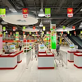 Supermarket Interior With Red White Checkout Counters Hanging Promotion Signs Customers Shopping Shelves And Escalators