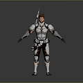 Futuristic Male Character in White Tech Armor with Orange Black Accents Holding Rifle