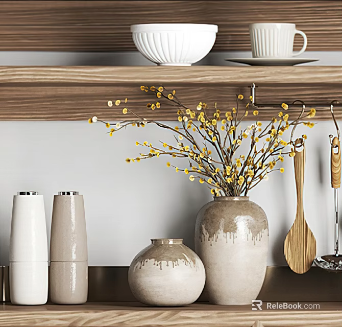 Yellow Blossom Branches In Beige Ceramic Vase On Wooden Shelf Kitchen Decor 3d model 