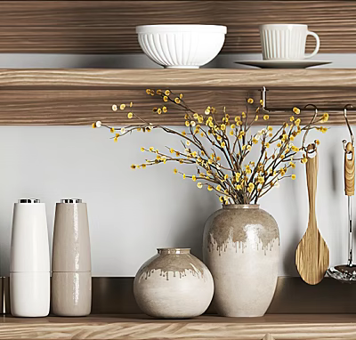 Yellow Blossom Branches In Beige Ceramic Vase On Wooden Shelf Kitchen Decor 3d model