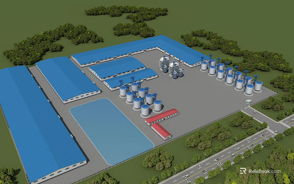 Industrial Factory with Blue Roof Cylindrical Tanks and Surrounding Trees 3d model 